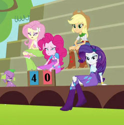 Size: 347x348 | Tagged: safe, screencap, applejack, fluttershy, pinkie pie, rarity, spike, dog, equestria girls, g4, my little pony equestria girls, bleachers, boots, clothes, cropped, eyes closed, female, scoreboard, shoes, skirt, spike the dog
