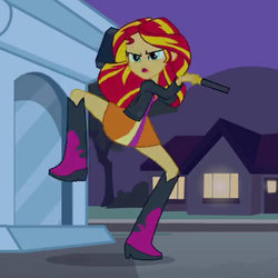 Size: 500x500 | Tagged: safe, screencap, sunset shimmer, equestria girls, g4, my little pony equestria girls, boots, clothes, cropped, female, hammer, legs, raised leg, shoes, skirt, sledgehammer, solo