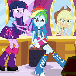 Size: 500x500 | Tagged: safe, screencap, applejack, rainbow dash, twilight sparkle, equestria girls, g4, my little pony equestria girls, boots, clothes, comb, cropped, female, looking at you, open mouth, shoes, skirt, smiling, socks, striped socks