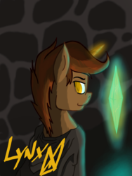 Size: 768x1024 | Tagged: safe, artist:lynx-peregrine, oc, oc only, oc:shadowheart, pony, unicorn, alley, cloak, clothes, colored pupils, crystal, glowing horn, golden eyes, horn, magic, male, night, paint tool sai, signature, smiling, smirk, solo, stallion, stone