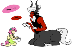 Size: 2283x1490 | Tagged: safe, artist:/d/non, lord tirek, oc, oc:fauna, centaur, satyr, g4, cloven hooves, colored hooves, cute, dialogue, drink, duo, duo male and female, female, holding, male, nose piercing, nose ring, offspring, parent:fluttershy, piercing, septum piercing, simple background, sitting, tea, tea party, tirebetes, white background