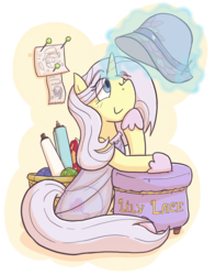 Size: 1509x1920 | Tagged: safe, artist:zanefir-dran, lily lace, pony, g4, honest apple, clothes, female, levitation, magic, mare, pin, see-through, sitting, solo, telekinesis, yarn