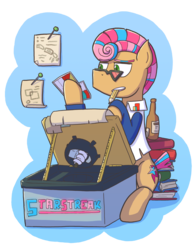 Size: 1509x1920 | Tagged: safe, artist:zanefir-dran, starstreak, earth pony, pony, g4, honest apple, clothes, glasses, male, mouth hold, pencil, sitting, solo, stallion