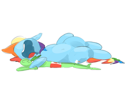 Size: 1100x750 | Tagged: safe, artist:askcanadash, rainbow dash, oc, oc:anon, human, pegasus, pony, g4, belly button, drool, giant pony, macro, nose in the air, open mouth, simple background, size difference, sleeping, snoring, white background