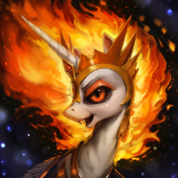 Size: 1080x1080 | Tagged: safe, artist:assasinmonkey, daybreaker, alicorn, pony, a royal problem, g4, bust, color porn, digital painting, female, fire, looking at you, open mouth, portrait, realistic, smiling, solo