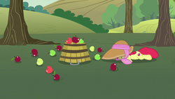 Size: 1280x720 | Tagged: safe, screencap, apple bloom, earth pony, pony, g4, honest apple, apple, basket, bushel basket, faceplant, food, hat