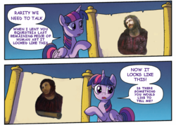 Size: 612x435 | Tagged: safe, artist:tony fleecs, edit, idw, twilight sparkle, alicorn, pony, g4, botched ecce homo, comic, ecce homo, implied rarity, text edit, twilight sparkle (alicorn)