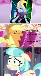 Size: 988x1824 | Tagged: safe, edit, edited screencap, screencap, applejack, coco pommel, earth pony, pony, g4, honest apple, brutal honesty, comic, go to sleep suri polomare, laughing, screencap comic