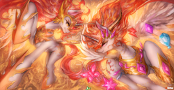 Size: 1980x1024 | Tagged: safe, artist:girlsay, enterplay, idw, daybreaker, nightmare star, alicorn, pony, a royal problem, absolute discord, g4, my little pony collectible card game, ccg, duo, element of generosity, element of honesty, element of kindness, element of laughter, element of loyalty, element of magic, elements of harmony, female, fight, horseshoes, looking at each other, mane of fire, mare, merchandise, patreon, patreon logo, self ponidox, trading card game, two flaming sunponies