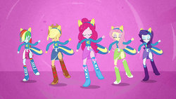 Size: 889x500 | Tagged: safe, screencap, applejack, fluttershy, pinkie pie, rainbow dash, rarity, equestria girls, g4, my little pony equestria girls, abstract background, boots, clothes, compression shorts, cowboy hat, denim skirt, eyes closed, female, hat, helping twilight win the crown, high heel boots, humane five, pony ears, raised leg, skirt, skirt lift, socks, stetson, striped socks, sweater, wondercolts uniform