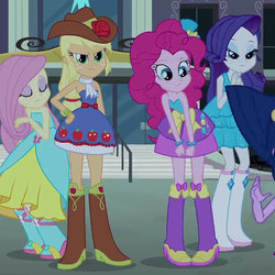 Size: 500x500 | Tagged: safe, screencap, applejack, fluttershy, pinkie pie, rarity, equestria girls, g4, my little pony equestria girls, bare shoulders, boots, bracelet, clothes, cowboy boots, cowboy hat, cropped, eyes closed, fall formal outfits, female, hat, high heel boots, jewelry, lidded eyes, looking at you, scarf, sleeveless, stairs, strapless, top hat