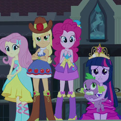 Size: 500x500 | Tagged: safe, screencap, applejack, fluttershy, pinkie pie, spike, twilight sparkle, dog, equestria girls, g4, my little pony equestria girls, angry, bare shoulders, big crown thingy, boots, bracelet, clothes, cowboy boots, cowboy hat, cropped, crossed arms, female, hat, high heel boots, jewelry, looking at you, regalia, scarf, sleeveless, spike the dog, strapless, top hat, twilight ball dress