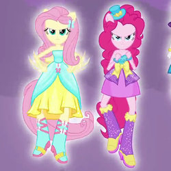 Size: 500x500 | Tagged: safe, screencap, fluttershy, pinkie pie, equestria girls, g4, my little pony equestria girls, angry, boots, bracelet, cropped, female, hat, high heel boots, jewelry, looking at you, ponied up, raised leg, top hat