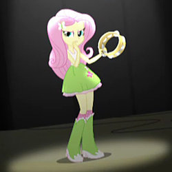 Size: 500x500 | Tagged: safe, screencap, fluttershy, equestria girls, g4, my little pony equestria girls: rainbow rocks, angry, boots, clothes, cropped, female, high heel boots, looking at you, musical instrument, raised leg, skirt, socks, solo, tambourine