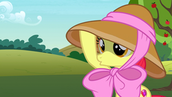 Size: 1920x1080 | Tagged: safe, screencap, apple bloom, earth pony, pony, g4, honest apple, female, hat, solo, sweet apple acres