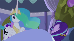 Size: 1920x1080 | Tagged: safe, screencap, princess celestia, starlight glimmer, pony, a royal problem, g4, bed, discovery family logo, nervous, sleeping, swapped cutie marks