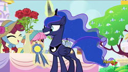 Size: 1920x1080 | Tagged: safe, screencap, hilly hooffield, princess luna, pony, a royal problem, g4, discovery family logo, flower, hooffield family, rose, smiling, swapped cutie marks, unnamed character, unnamed pony