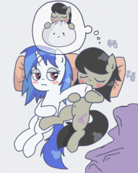 Size: 849x1062 | Tagged: safe, artist:ehfkdl569, dj pon-3, octavia melody, vinyl scratch, pony, g4, biting, blushing, dream, dumpling, female, korean, lesbian, nom, ship:scratchtavia, shipping, wrong eye color