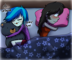 Size: 800x667 | Tagged: safe, artist:fj-c, dj pon-3, octavia melody, vinyl scratch, equestria girls, g4, :3, bed, blushing, female, lesbian, pillow, ship:scratchtavia, shipping, teddy bear