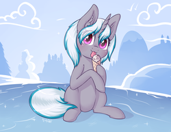 Size: 3489x2688 | Tagged: safe, artist:dsp2003, oc, oc only, oc:windshear, pony, unicorn, blushing, commission, cute, female, food, high res, ice cream, licking, looking at you, sitting, snow, snowman, solo, tongue out, winter