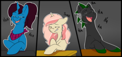 Size: 1500x710 | Tagged: safe, artist:heartscharm, oc, oc only, oc:altus bastion, oc:heart charms, oc:miko, earth pony, pony, unicorn, black background, clothes, comic, crying, desk, dialogue, earbuds, female, headset, laughing, male, mare, microphone, panel, panels, scarf, simple background, snickering, stallion, tears of joy, white outline