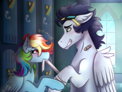 Size: 2400x1800 | Tagged: safe, artist:monnarcha, rainbow dash, soarin', pegasus, pony, g4, alternate hairstyle, bandage, bandaid, blushing, female, floppy ears, goggles, injured, locker room, male, mare, mouth hold, ship:soarindash, shipping, stallion, story in the comments, straight