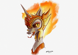 Size: 1754x1241 | Tagged: safe, artist:plainoasis, daybreaker, alicorn, pony, g4, 2017, bust, crown, female, fire, forked tongue, gem, horn, jewelry, lidded eyes, mane of fire, mare, orange eyes, regalia, ruby, sharp teeth, simple background, smiling, solo, teeth, white background