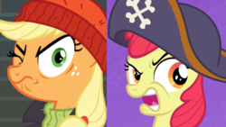 Size: 1920x1080 | Tagged: safe, edit, screencap, apple bloom, applejack, earth pony, pony, g4, hard to say anything, ppov, applejack is best facemaker, captain jackbeard, comparison, hat, like sister like sister, pirate, pirate hat, spyrate