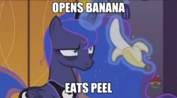 Size: 656x366 | Tagged: safe, edit, edited screencap, screencap, princess luna, alicorn, pony, a royal problem, g4, my little pony: friendship is magic, bags under eyes, banana, female, food, solo, treehouse logo