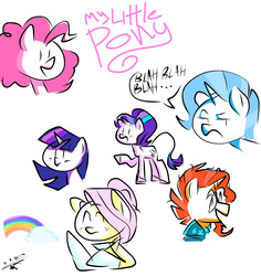 Size: 1167x1234 | Tagged: safe, artist:sl0ne, fluttershy, pinkie pie, starlight glimmer, sunburst, trixie, twilight sparkle, pony, unicorn, g4, doodles, female, leonine tail, mare, rainbow, raised hoof, simple background, white background