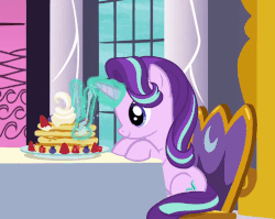 Size: 677x540 | Tagged: safe, screencap, starlight glimmer, pony, unicorn, a royal problem, g4, season 7, animated, aweeg*, canterlot castle, cropped, cute, dining room, eating, eyes closed, female, food, gif, glimmerbetes, glowing horn, happy, horn, magic, mare, pancakes, sitting, solo, telekinesis