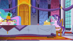 Size: 922x518 | Tagged: safe, screencap, princess celestia, princess luna, starlight glimmer, alicorn, pony, a royal problem, animated, bags under eyes, bait and switch, banana, banana peel, breakfast, cup, do you like bananas?, eating, female, food, gif, grumpy, herbivore, horses doing horse things, irony, magic, majestic as fuck, mare, teacup, tired, you're doing it wrong