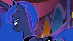 Size: 922x518 | Tagged: safe, screencap, princess luna, alicorn, pony, a royal problem, g4, angry, animated, bags under eyes, canterlot castle, chest plate, crown, ethereal mane, ethereal tail, female, folded wings, gif, grumpy, horn, jewelry, looking at someone, looking at something, looking at you, luna is not amused, mare, princess luna's cutie mark, regalia, solo, solo focus, tail, unamused, wings, wings down
