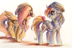 Size: 1474x976 | Tagged: source needed, safe, artist:buttersprinkle, fluttershy, rainbow dash, pegasus, pony, g4, beanie, blushing, clothes, cute, dashabetes, floppy ears, hat, shy, shyabetes, traditional art