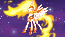 Size: 1920x1080 | Tagged: safe, screencap, daybreaker, alicorn, pony, a royal problem, g4, armor, colored eyelashes, dreamscape, ethereal mane, ethereal tail, evil laugh, eyes closed, eyeshadow, female, fiery mane, fiery tail, helmet, hoof shoes, laughing, makeup, mare, peytral, sharp teeth, solo, spread wings, standing, tail, teeth, wing armor, wings