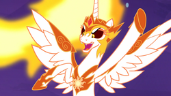 Size: 1920x1080 | Tagged: safe, screencap, daybreaker, alicorn, pony, a royal problem, g4, antagonist, armor, female, fire, happy, it happened, mane of fire, mare, smiling, solo