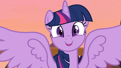 Size: 1920x1080 | Tagged: safe, screencap, twilight sparkle, alicorn, pony, a royal problem, g4, cute, female, happy, mare, shrunken pupils, smiling, solo, spread wings, twiabetes, twilight sparkle (alicorn), twilight stalker, wings