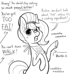 Size: 1166x1213 | Tagged: safe, artist:dsp2003, oc, oc only, oc:brownie bun, earth pony, pony, horse wife, black and white, comic, fat, female, food, grayscale, monochrome, offscreen character, peanut butter, single panel, sketch, solo