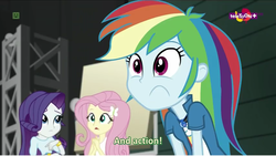 Size: 854x482 | Tagged: safe, edit, edited screencap, screencap, fluttershy, rainbow dash, rarity, equestria girls, equestria girls specials, g4, my little pony equestria girls: movie magic, geode of super speed, inverted mouth, magical geodes, subtitles