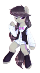 Size: 877x1587 | Tagged: safe, artist:kaylemi, octavia melody, earth pony, pony, g4, bipedal, blushing, bowtie, clothes, female, mare, shirt, simple background, smiling, solo, spats, transparent background, vest