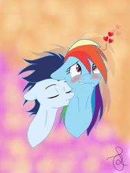 Size: 768x1024 | Tagged: safe, artist:ilaria122, rainbow dash, soarin', pegasus, pony, g4, blushing, eyes closed, female, heart, hickey, male, mare, neck kiss, ship:soarindash, shipping, stallion, straight