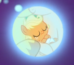 Size: 376x333 | Tagged: safe, screencap, applejack, bright mac, pear butter, earth pony, pony, a royal problem, g4, applejack's parents, baby, baby pony, babyjack, cropped, dream orbs, female, foal, foreshadowing, male, ship:brightbutter, shipping, straight