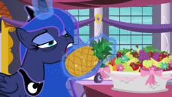 Size: 1920x1080 | Tagged: safe, screencap, princess luna, alicorn, pony, a royal problem, g4, bags under eyes, eating, female, food, herbivore, majestic as fuck, mare, pineapple, solo, tired