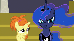 Size: 1920x1080 | Tagged: safe, screencap, indian summer, princess luna, pony, a royal problem, g4, accident, female, filly, grumpy luna, oh come on, oops, raised eyebrow, scowl