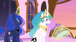 Size: 1920x1080 | Tagged: safe, screencap, princess celestia, princess luna, pony, a royal problem, g4, faic, food, pancakes