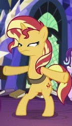 Size: 257x448 | Tagged: safe, screencap, starlight glimmer, sunset shimmer, pony, unicorn, equestria girls, equestria girls specials, g4, my little pony equestria girls: mirror magic, bipedal, cropped, female, horn, in the human world for too long, library, lidded eyes, mare, solo focus, stumbling