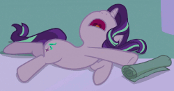 Size: 1592x837 | Tagged: safe, screencap, starlight glimmer, pony, unicorn, a royal problem, g4, season 7, animated, cute, female, gif, glimmerbetes, lying down, nose in the air, on side, open mouth, scroll, sleeping, sleepy starlight, snoring, solo, volumetric mouth
