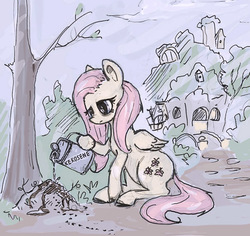 Size: 684x647 | Tagged: safe, artist:agm, fluttershy, pegasus, pony, g4, anthill, ants, canister, existential crisis, female, fluttershy's cottage, folded wings, hoof hold, kerosene, looking at something, looking down, mare, out of character, sitting, solo, tree