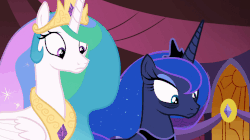 Size: 922x518 | Tagged: safe, screencap, princess celestia, princess luna, alicorn, pony, a royal problem, g4, angry, animated, bags under eyes, celestia is not amused, female, frown, gif, glare, luna is not amused, mare, snorting, this will end in tears and/or a journey to the moon, unamused