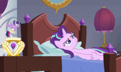 Size: 853x508 | Tagged: safe, screencap, starlight glimmer, twilight sparkle, alicorn, pony, a royal problem, g4, animated, annoyed, ballerina, bed, clothes, double facehoof, eyeroll, facehoof, female, gif, music box, starlight glimmer is not amused, tutu, twilarina, twilight sparkle (alicorn), twilight stalker, unamused
